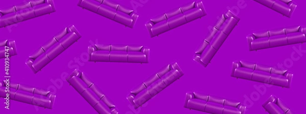 Fototapeta Creative Minimalistic pattern with flying sofa. Flying purple leather soft sofa on purple background. Stylish cozy modern sofa made of genuine leather on wooden legs Abstract background with furniture