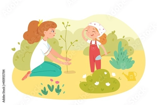 Fototapeta Kid helping sister plant tree. Happy smiling girls putting new tree in ground in garden. Childhood helper vector illustration. Fun leisure activity outdoor in summer or autumn
