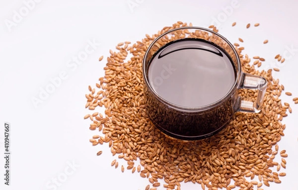 Obraz A cereal drink to replace coffee. Cup with coffee on a white background. Copy space