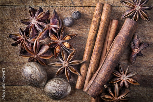Obraz spices on wooden table, selective focus