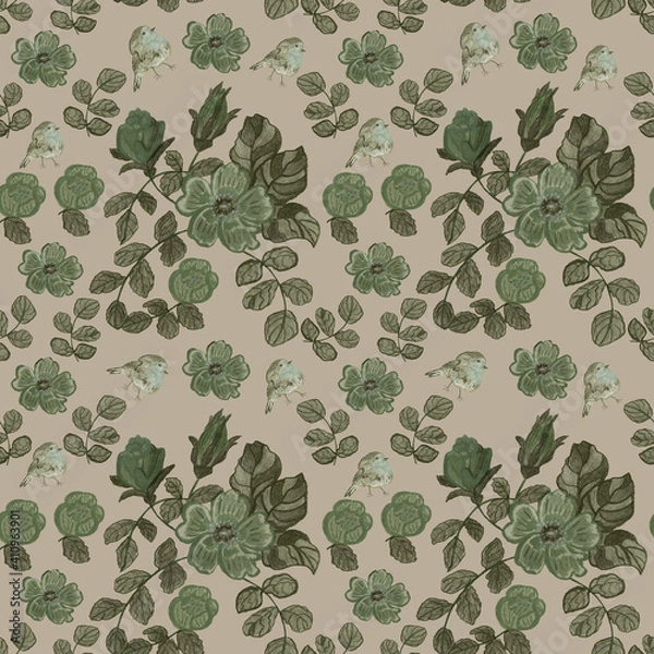 Fototapeta Seamless ornament of flowers of wild rose with leaves and birds