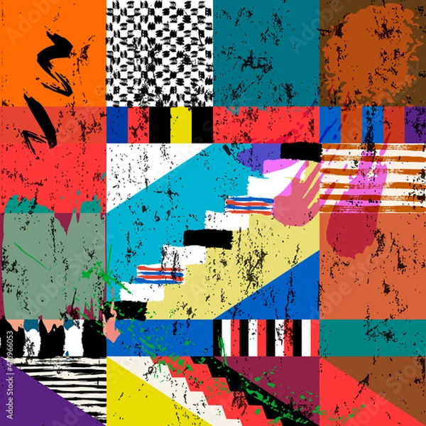 Obraz abstract geometric background composition, retro style, with squares, paint strokes and splashes