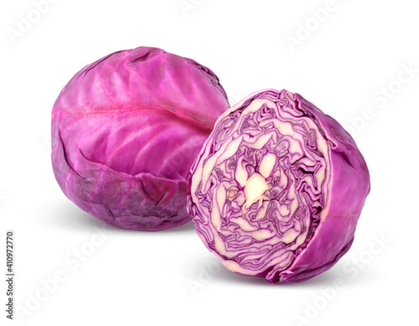 Fototapeta Red cabbage. Whole and half. Isolated on white background.