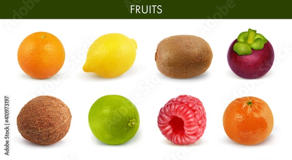 Fototapeta Fruits isolated on white background. orange, lemon, kiwi, mangosteen, coconut, lime, raspberry, mandarin. Set. Collection.
