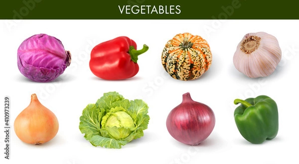 Fototapeta Vegetables isolated on white background. Cabbage, paprika, pumpkin, garlic, onion. Set. Collection.