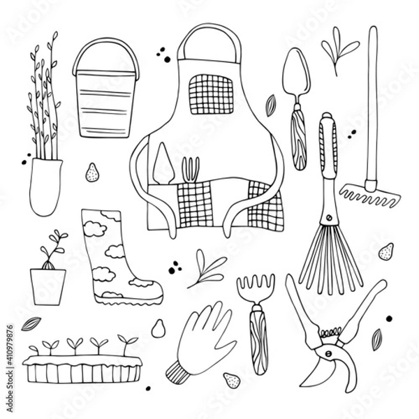 Obraz A set of different items for working in the garden. Gardener's apron, seedlings, gloves, gardening tools. Vector clipart. Spring time. Hand-drawn in doodle style