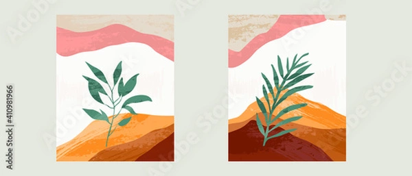 Fototapeta Set of 3 Illustration vector EPS 10 hand drawn print. Painted abstract geometric shapes. Contemporary aesthetic boho mid century modern Scandinavian nordic art design style with botanical garden plant