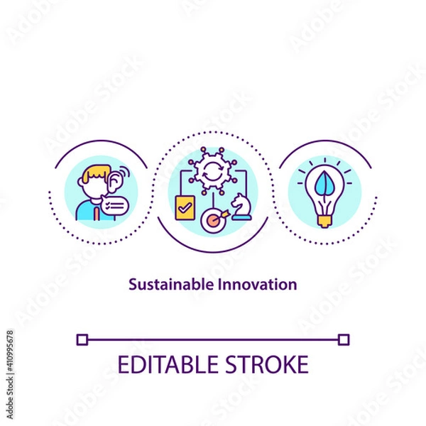 Fototapeta Sustainable innovation concept icon. Integration of consumer ideas into the innovation process of company idea thin line illustration. Vector isolated outline RGB color drawing. Editable stroke
