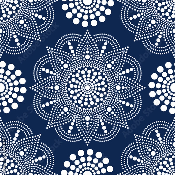 Fototapeta Vector seamless pattern with dot mandalas. Aboriginal style of dot painting