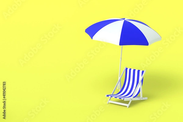 Fototapeta Beach striped chair and umbrella on yellow background. Relaxation, vacation in summer. Summertime rest near pool. Sun protection. Copy space. 3d rendering