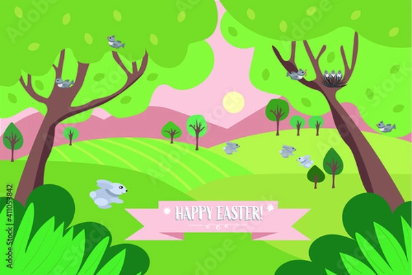 Fototapeta A happy Easter banner and postcard with hares in the nature. A flat illustration. Vector. Eps10. 