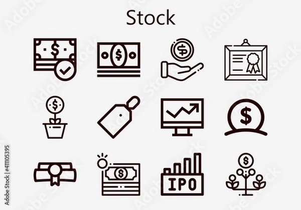 Fototapeta Premium set of stock [S] icons. Simple stock icon pack. Stroke vector illustration on a white background. Modern outline style icons collection of Money, Diploma, Growth, Price tag, Line chart