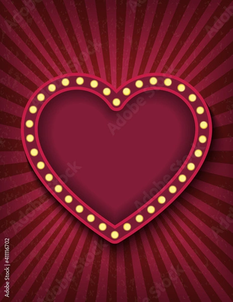 Obraz Brightly glowing red heart retro cinema neon vertical sign. Saint Valentine Day circus style show banner template. Background vector poster love image