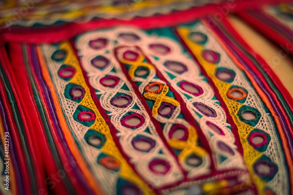 Obraz art embroidery,decorations kutch art,beautiful view of embroidery,colorful ahir bharat,embroidered handicrafts close-up,selective focus,rajasthan embroidery flower and pattern art