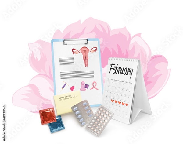 Fototapeta Calendar, clipboard and different contraceptive means on white background