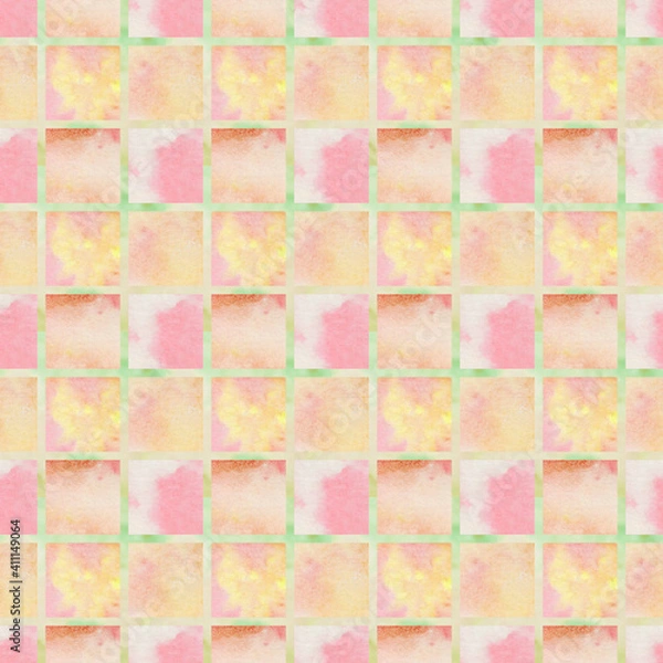 Fototapeta Seamless watercolor pattern with pink and green squares