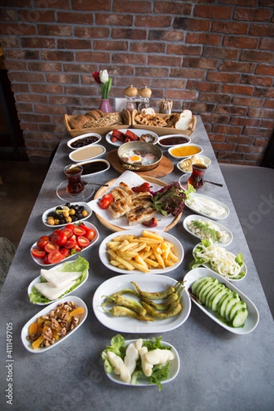 Obraz Turkish breakfast table vertical view