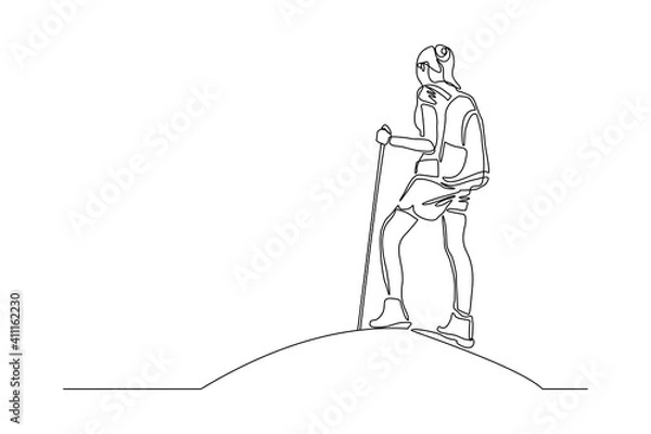 Fototapeta Continuous one line drawing of traveling people with backpack. Single one line art of woman success to hiking on top of mountain. Vector illustration