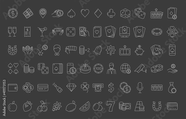 Fototapeta Casino and gamble set. Collection of vector line icons with elements for mobile concept and web app. Icons of slot machine, roulette, playing cards, dice, poker and more. Design with editable stroke.