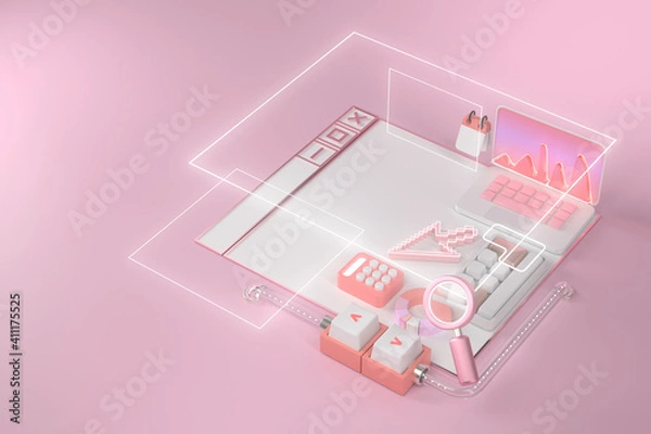 Fototapeta 3d rendering of laptop and website.