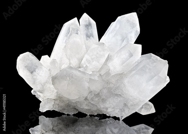 Fototapeta Amazing pure Quartz Crystal cluster gemstone closeup macro isolated on black background. Natural rare white mineral rough stone. Beautiful crystals arrangement