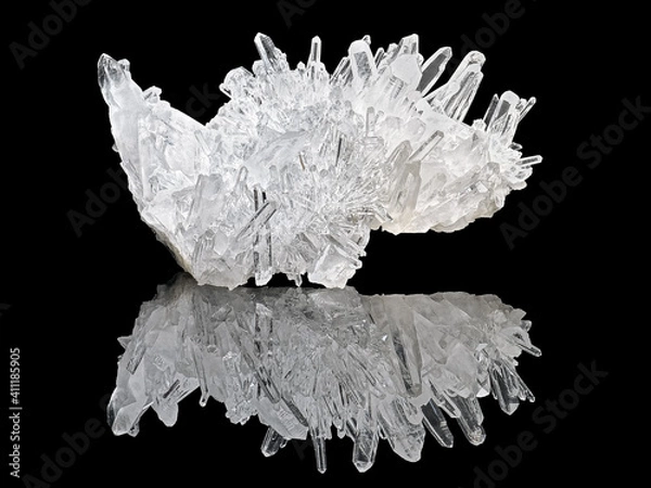 Fototapeta Amazing pure Quartz Crystal cluster gemstone closeup macro isolated on black background. Natural rare white mineral rough stone. Beautiful crystals arrangement