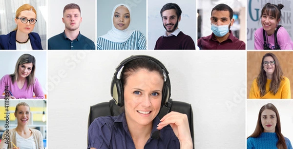 Fototapeta Online remote school class concept. Mixed race college student distance learning using computer conferencing. Learning from home during quarantine and coronavirus outbreak.