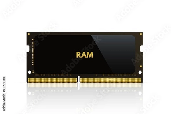 Fototapeta Ram memory chip. Computer memory part vector illustration. PC black electronic flash card with information on white background. Internal hardware technology with data storage