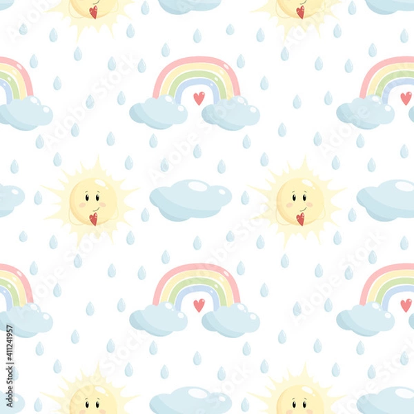 Fototapeta Cute vector seamless pattern of rainbow, clouds, sun and water drops in a cartoon style. Ideal for any children's, children's clothing, to create fun, invitations for birthdays, baby showers, holidays