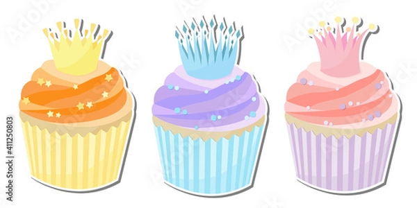 Fototapeta Cute set of three delicious stickers cupcakes with crowns in pastel shades. Stock vector illustration isolated on white background. Can be used as stickers - cupcakes, cakes, sweet pastries.