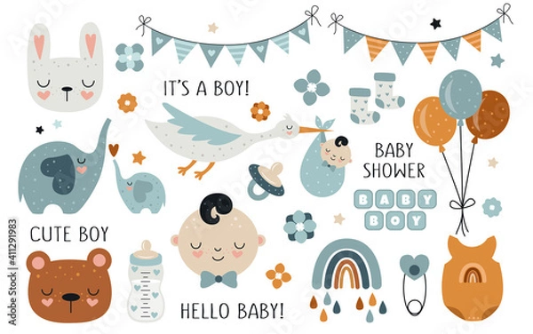Fototapeta Vector hand drawn baby shower collection for boy with cute babies, moon, cloud, rainbow, star for nursery decoration.
