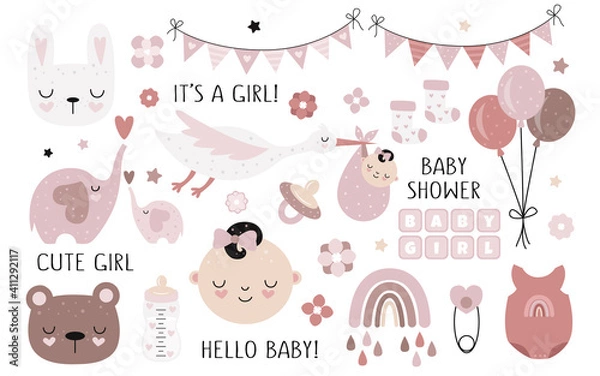 Fototapeta Vector hand drawn baby shower collection for girl with cute babies, moon, cloud, rainbow, star for nursery decoration.