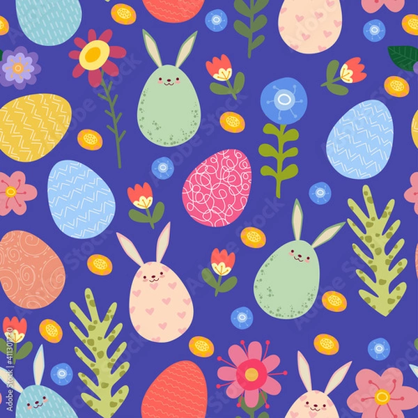 Fototapeta Vector seamless background of different Easter eggs. Hand-drawn in cartoon style