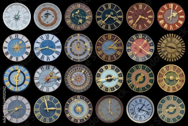 Obraz collection of multicolored ancient church tower clocks in different sizes and forms with roman numbers in regular rows on black background