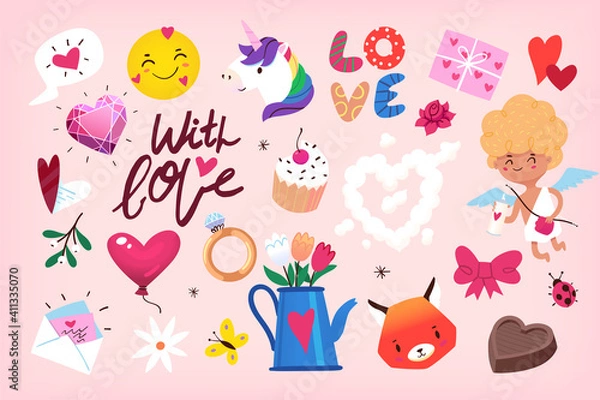 Obraz Cute graphic elements for posters, greeting cards, flyers labels banners and invitations for Valentine's Day party. Cupids hearts diamond and sweet animals. Isolated vector elements 2 of 5
