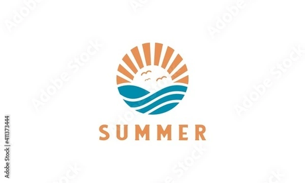 Obraz summer beach coast island, sea ocean with birds and summer sun rays logo design inspiration.