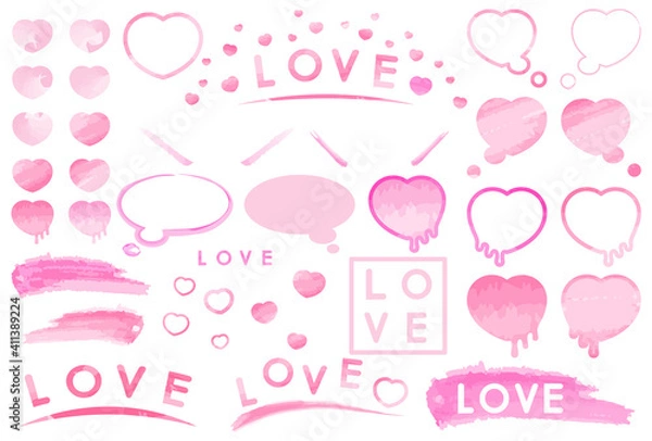 Fototapeta  ピンク色のハートや装飾枠のイラストセット【水彩画風】