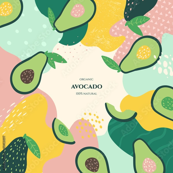 Fototapeta Vector frame with doodle avocado and abstract elements. Hand drawn illustrations.