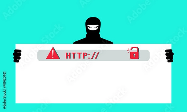 Obraz Fake Phishing website. A hacker steals personal data, passwords, and accesses users ' personal bank cards. The concept of cybercrime, Internet fraud, phishing scam. Vector illustration.