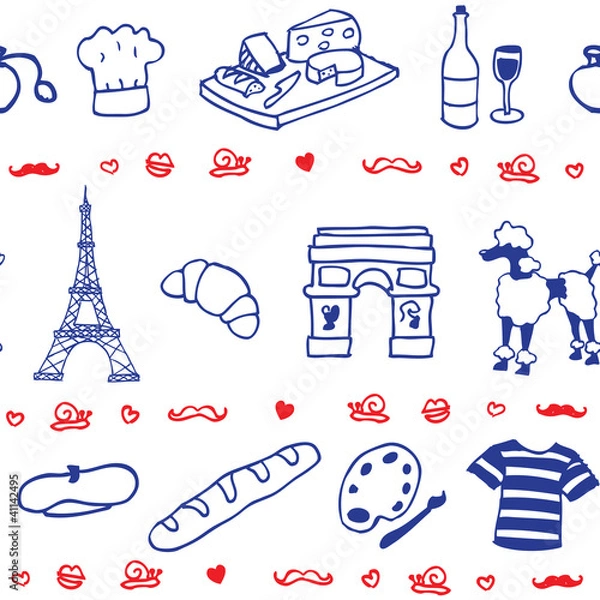 Fototapeta French symbols & icons illustrated seamless vector pattern