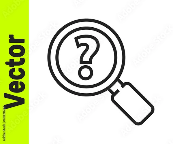 Fototapeta Black line Unknown search icon isolated on white background. Magnifying glass and question mark. Vector Illustration.