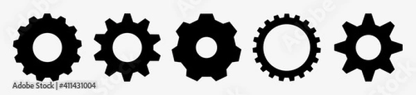 Obraz Gear setting vector icon set. Isolated black gears mechanism and cog wheel on white background. Progress or construction concept. Cogwheel icons UI vector.