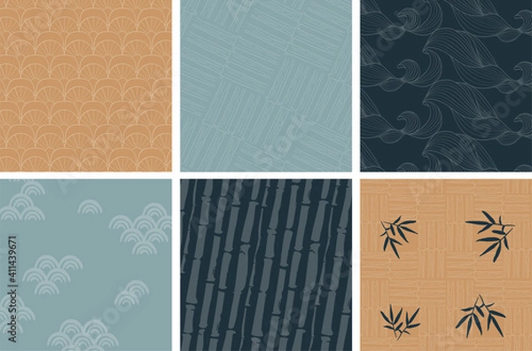 Fototapeta Japanese vector set of background in oriental style for invitation, banner, mobile app, stationery. Abstract background with wave, fan, bamboo in blue, brown. Asian texture pack for greeting card