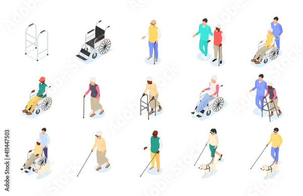 Fototapeta A group of adults with disabilities of different ages. Caring for the elderly.