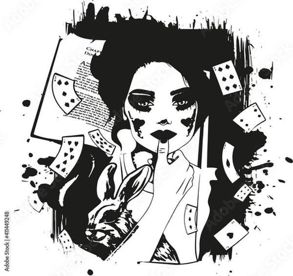 Fototapeta Alice in wonderland gothic vector black and white print