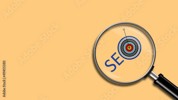 Fototapeta SEO. Search engine optimization. Illustration with the word, a magnifying glass, and a target with an arrow hitting the target, on a yellow background. Copy space.