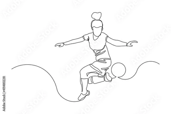 Fototapeta Continuous line drawing of football player jump and fly to kicking ball. Single one line art of young woman playing soccer ball. Vector illustration