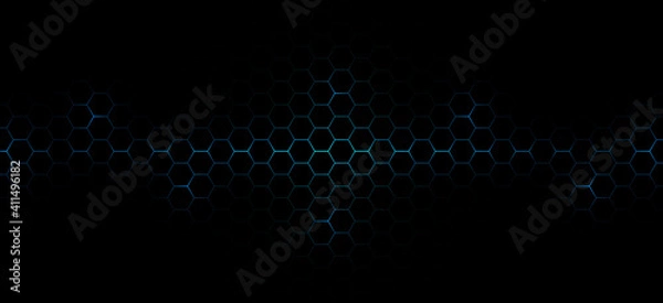 Fototapeta Abstract technology futuristic concept dark hexagons pattern with glowing blue bright energy flashes under hexagon background.