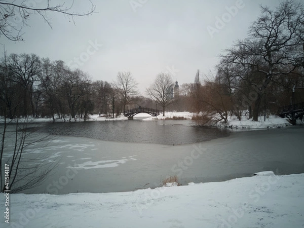 Obraz View of the snow-covered pond after the onset of winter February 2021 in Clara Park in Leipzig