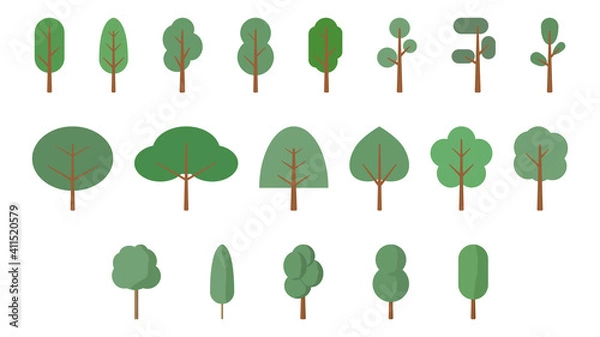 Fototapeta collection of tree illustration. many large and small green tree vector on white background. growth tree illustration graphic.